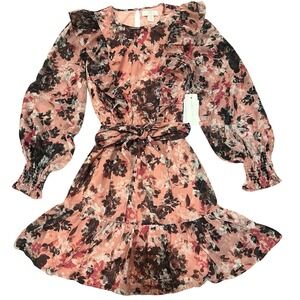 Rachel Parcell Women Size 6 Pink Floral‎ Ruffle Chiffon Blouson Dress NWT